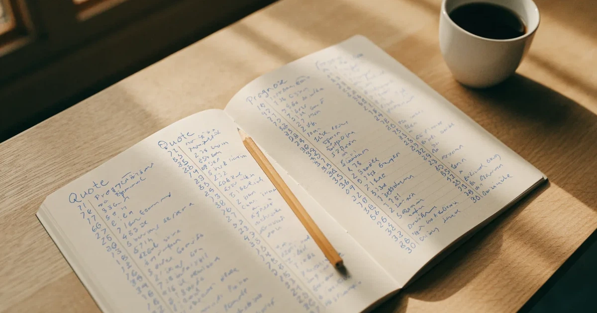 Handschriftliche Zahlenkolonnen in einem Notizbuch, daneben ein Bleistift und eine Tasse Kaffee auf hellem Holz.