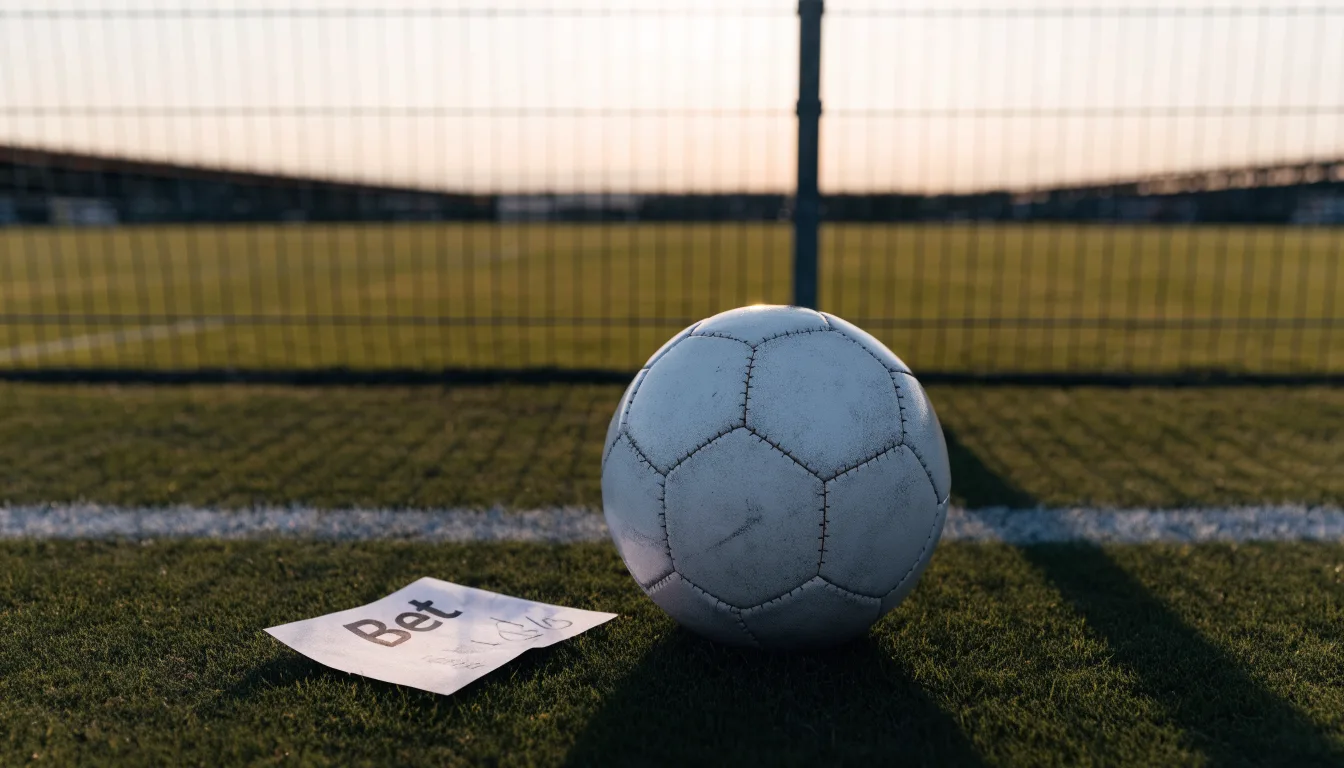 Ein Fußball liegt am Rand eines Rasens neben einer weißen Linie, im Hintergrund ein Zaun in der Abendsonne.