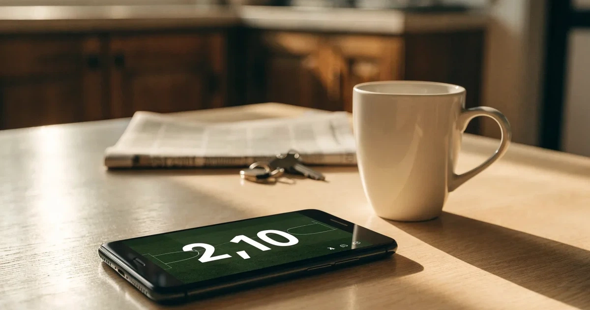 Ein Daumen schwebt über einem Smartphone mit dunklem Display, das auf einem Küchentisch neben einer Tasse liegt.