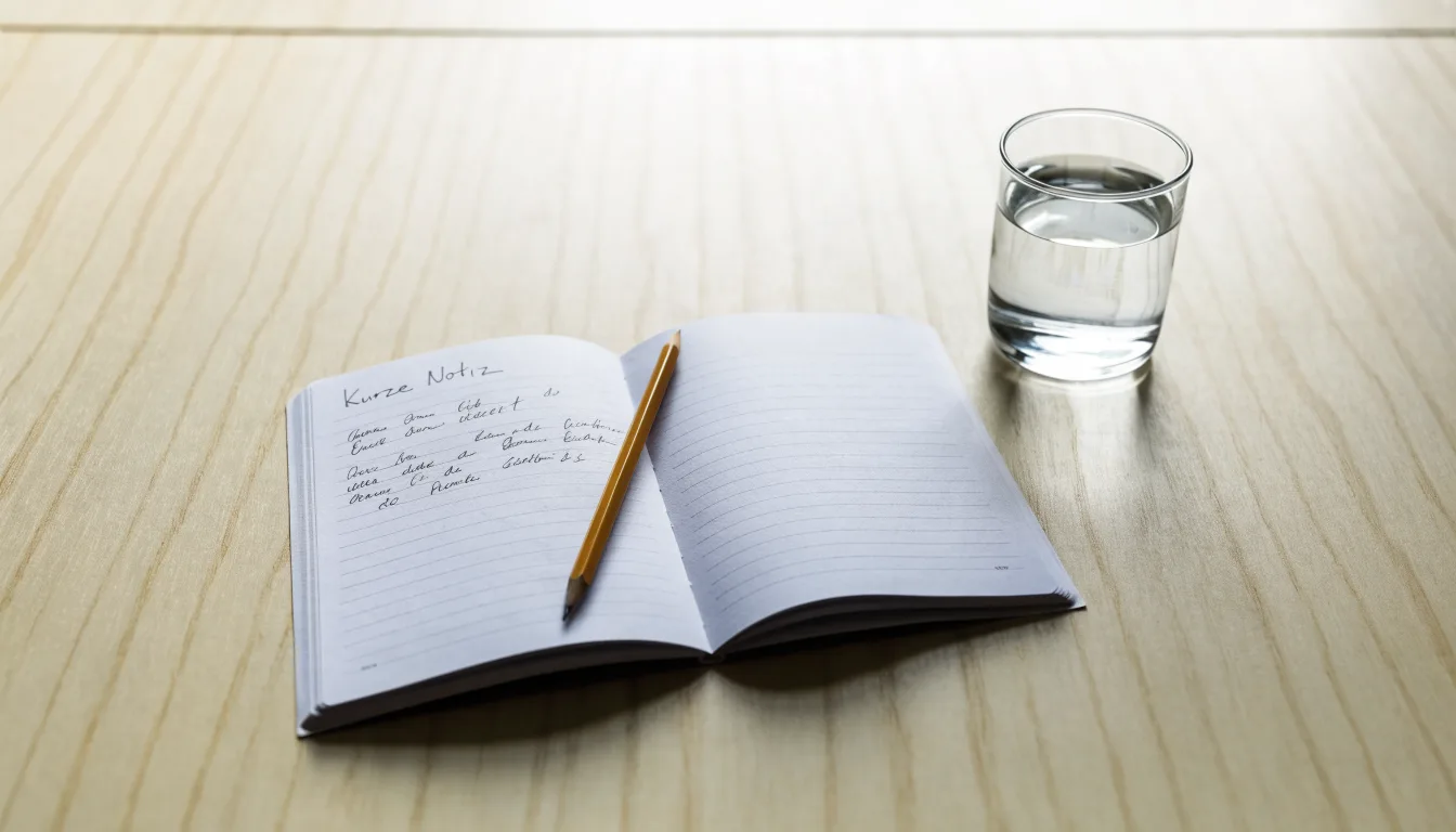 Ein Notizbuch und ein Bleistift liegen neben einem Glas Wasser auf einem hellen Tisch.