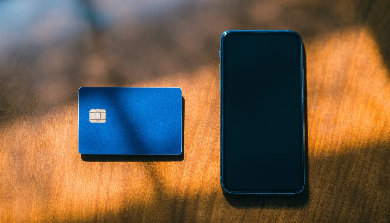Eine Bankkarte ohne Aufdruck liegt neben einem Smartphone mit dunklem Display auf einem Holztisch.