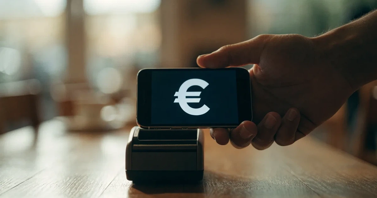 Eine Hand hält ein Smartphone dicht an ein Kartenlesegerät ohne erkennbare Beschriftung in einem Café.