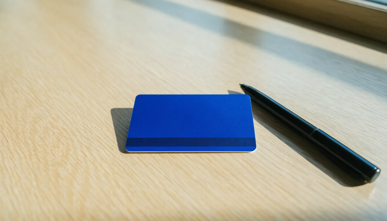 Eine Bankkarte ohne Aufdruck liegt neben einem Kugelschreiber auf einer Arbeitsplatte aus hellem Holz.