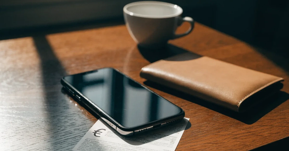 Ein Smartphone mit dunklem Display liegt auf einem Tisch neben einer Geldbörse und einer Tasse Kaffee.
