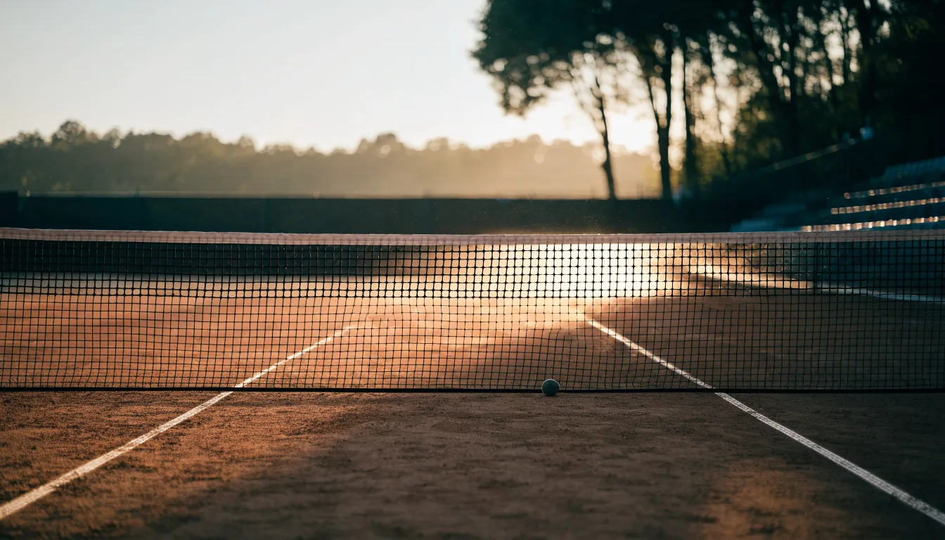 Ein Tennisplatz aus Sand bei Sonnenaufgang, das Netz im Gegenlicht, kein Mensch zu sehen.