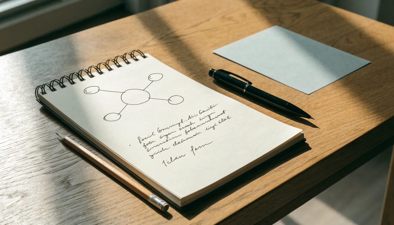 Ein Notizbuch mit handgezeichneten Knoten und Linien liegt neben einem Bleistift auf einem Schreibtisch.