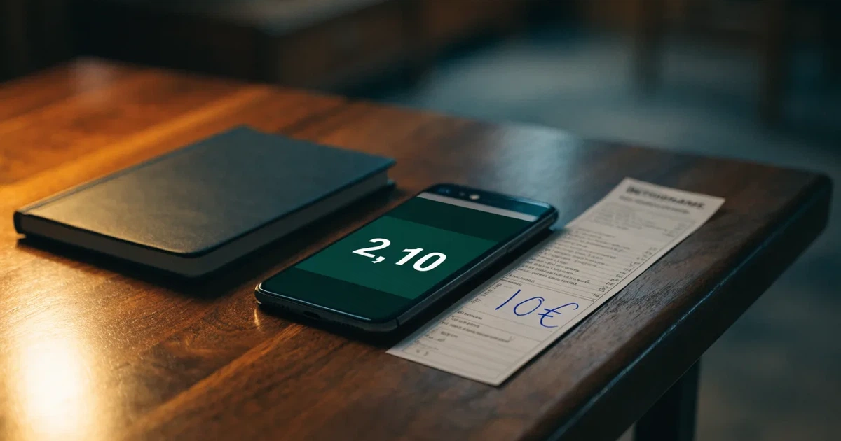 Eine einzelne goldfarbene Münze ohne Prägung liegt auf einem dunklen Tisch, daneben ein ausgeschaltetes Smartphone.