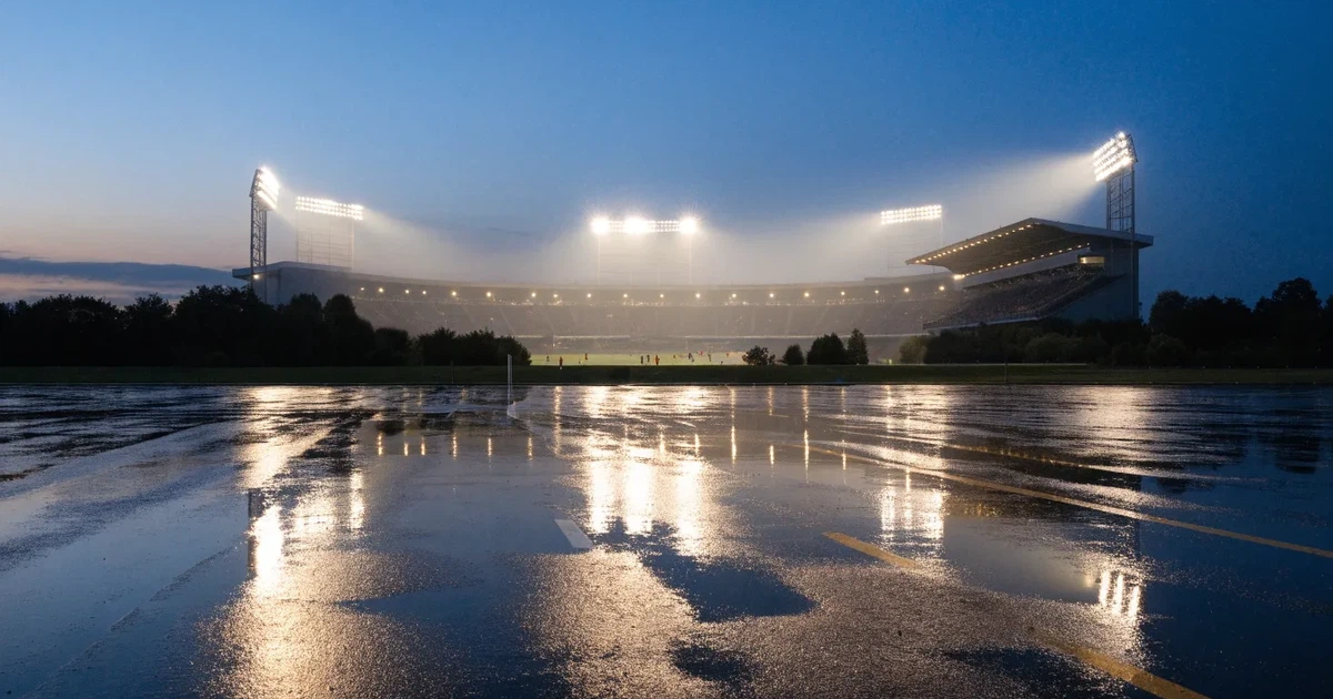 Ein Stadion unter Flutlicht aus großer Entfernung gesehen, davor ein regennasser Parkplatz in der Dämmerung.