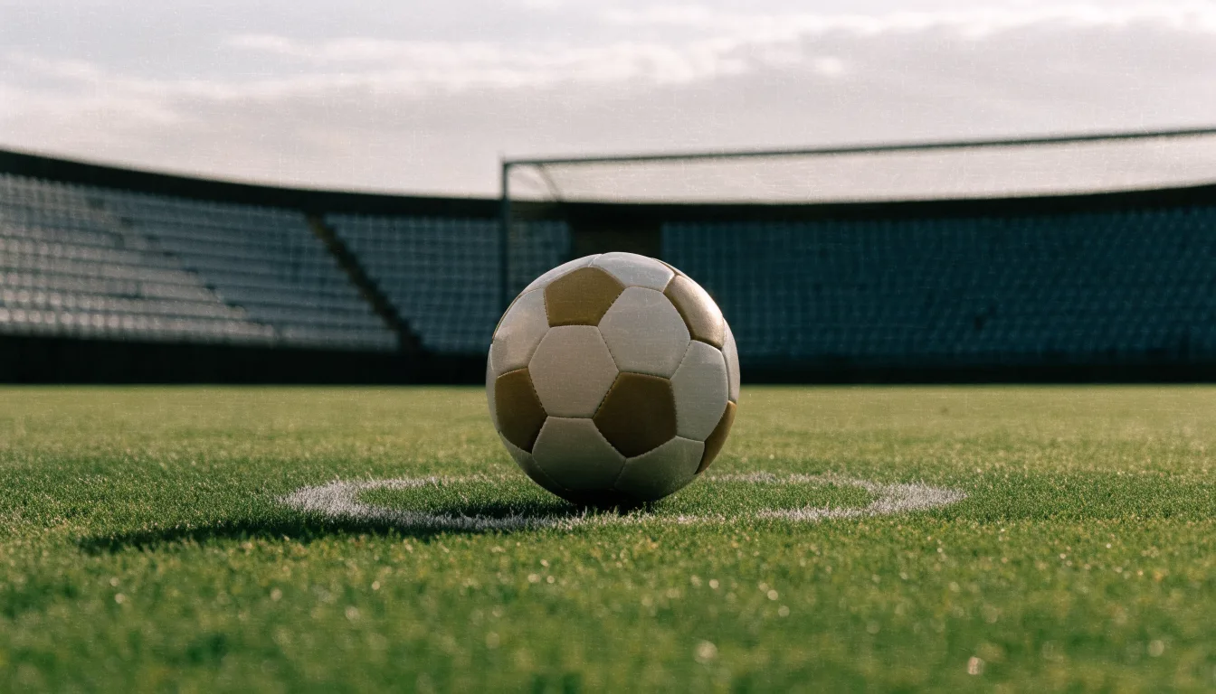Ein Fußball liegt auf dem Anstoßpunkt eines leeren Rasenplatzes, im Hintergrund eine ruhige Tribüne unter bedecktem Himmel.