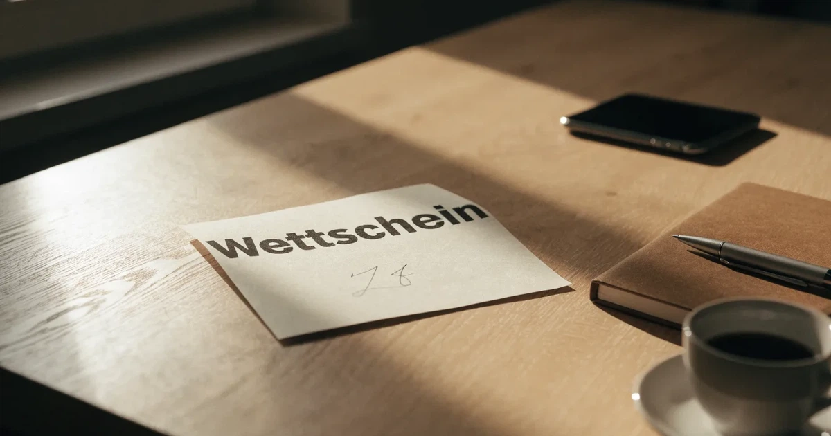 Ein Holzschreibtisch im Morgenlicht mit geschlossenem Notizbuch, Kugelschreiber und Kaffeetasse, daneben ein Smartphone mit dunklem Bildschirm.