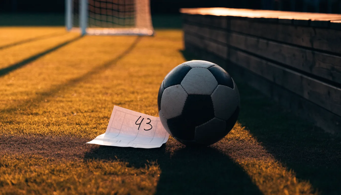 Ein Fußball auf einem Rasenplatz im Gegenlicht der tiefstehenden Sonne, am Spielfeldrand eine leere Ersatzbank.