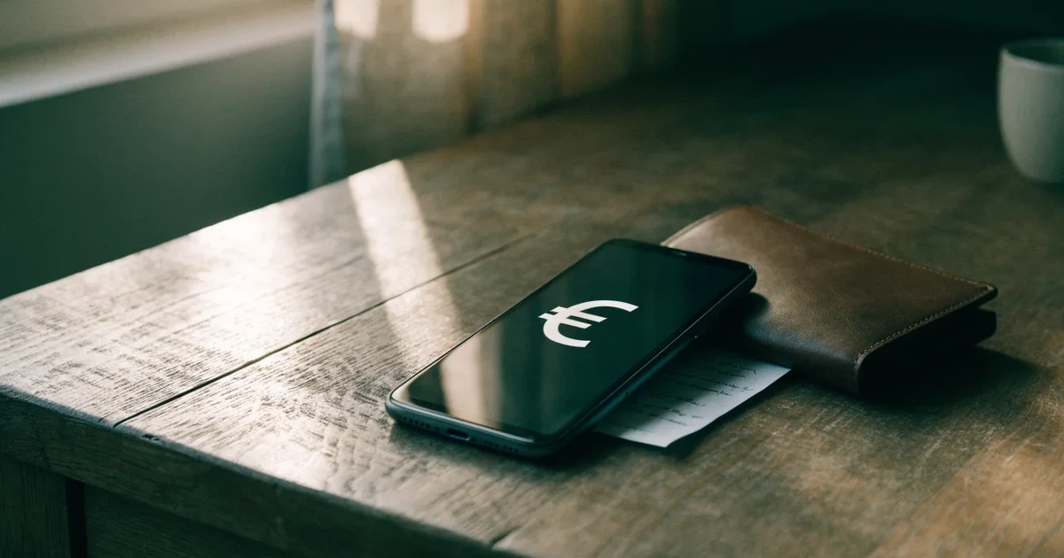 Ein Smartphone mit dunklem Bildschirm liegt neben einer Geldbörse und wenigen Münzen auf einem Holztisch im weichen Fensterlicht.