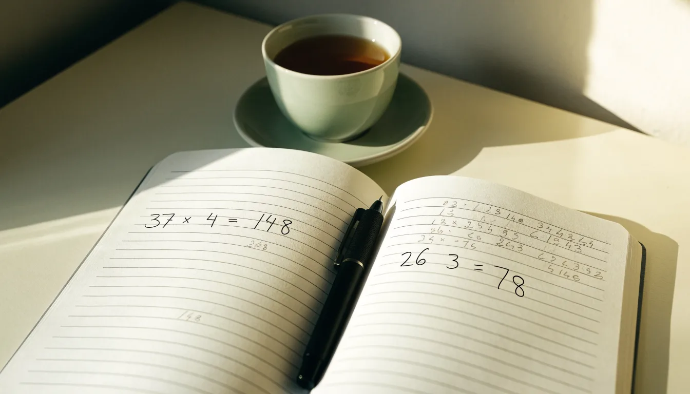 Ein Notizbuch mit handgeschriebenen Rechnungen und ein Taschenrechner auf einem hellen Schreibtisch neben einer Tasse Tee.