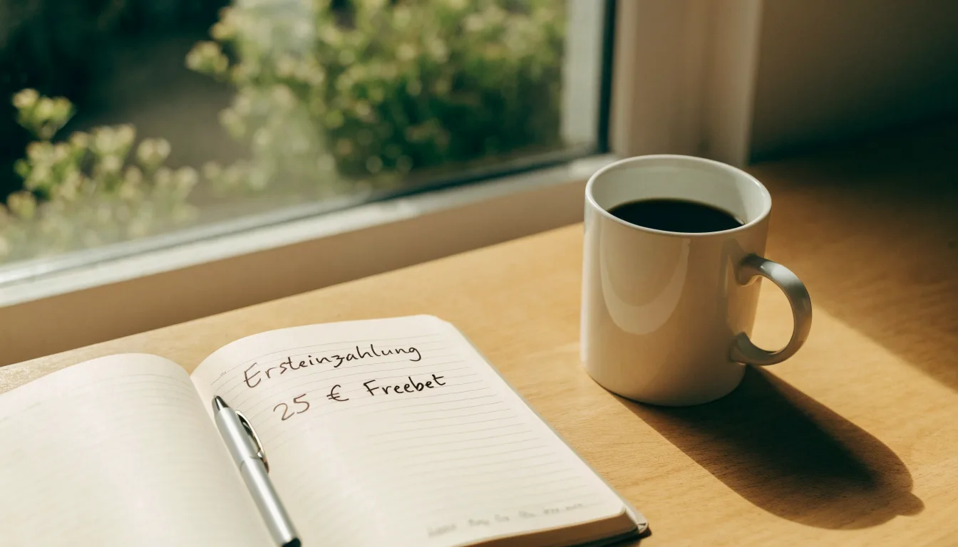 Eine Tasse Kaffee, ein Kugelschreiber und ein aufgeschlagenes leeres Notizbuch auf einem Küchentisch am Fenster.