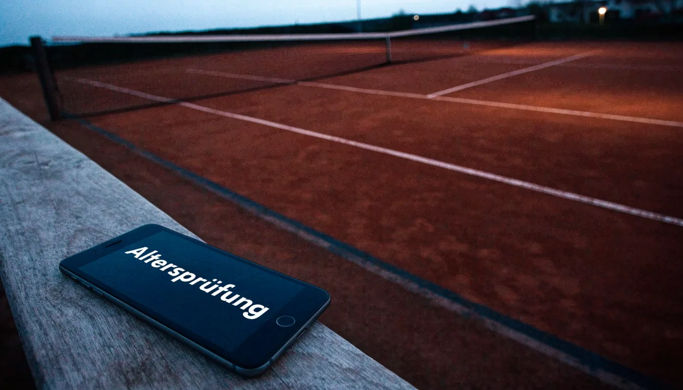 Ein Tennisplatz in der Dämmerung, Netz und Linien im Zwielicht, ohne Menschen und mit ruhigem Himmel.