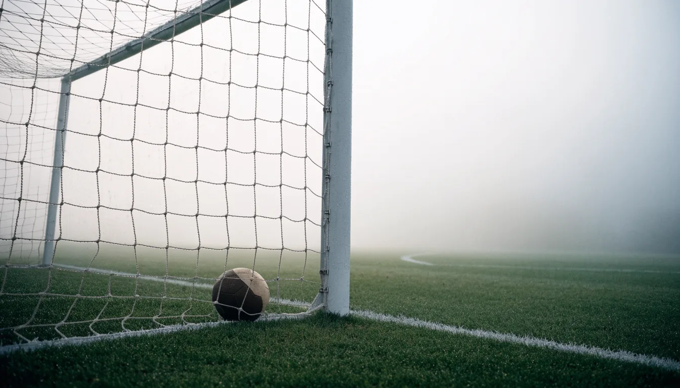 Ein Fußballtor mit Netz im Morgennebel auf einem leeren Platz, die Linien nur schwach zu erkennen.
