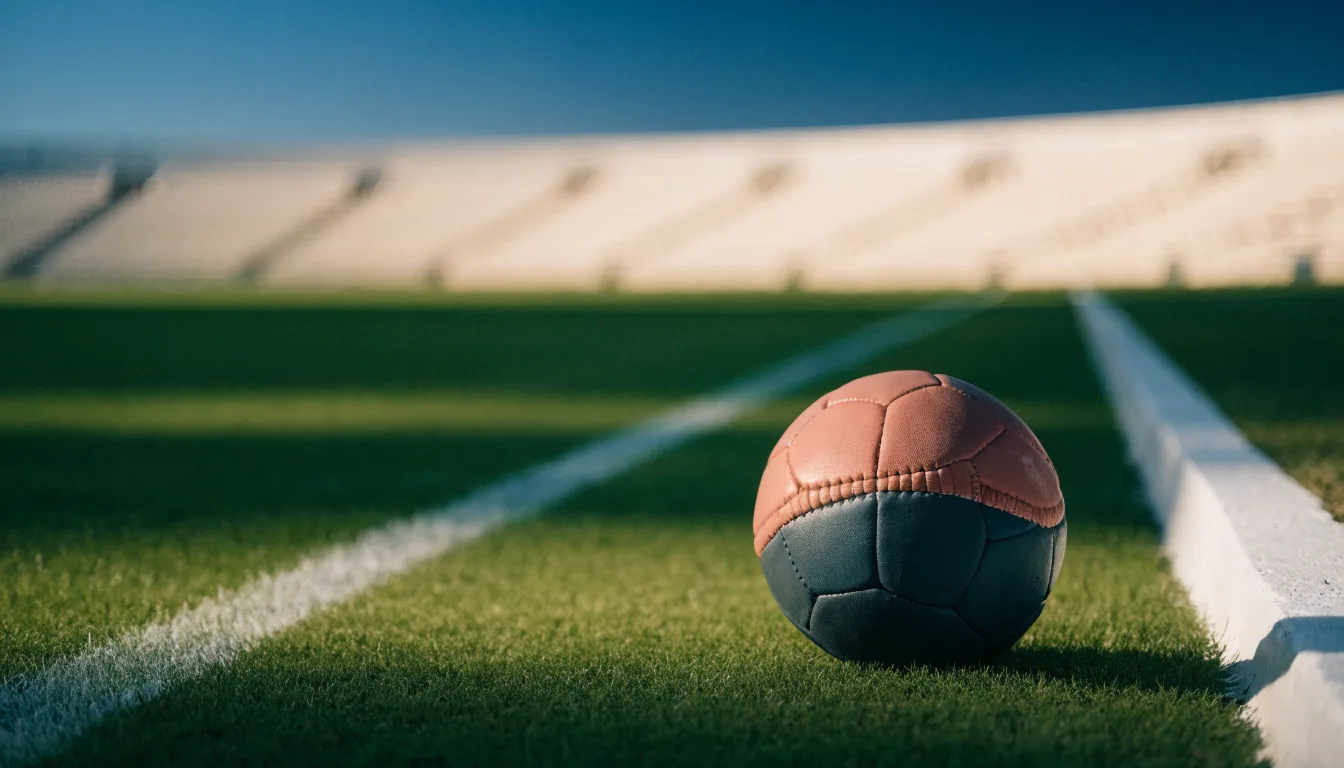 Ein Fußball liegt am Spielfeldrand eines Rasenplatzes, im Hintergrund eine leere Tribüne unter hellem Himmel.