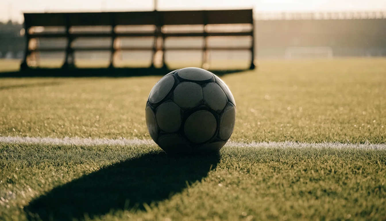 Ein Fußball auf einem Rasenplatz im Gegenlicht der tiefstehenden Sonne, am Rand eine leere Ersatzbank.