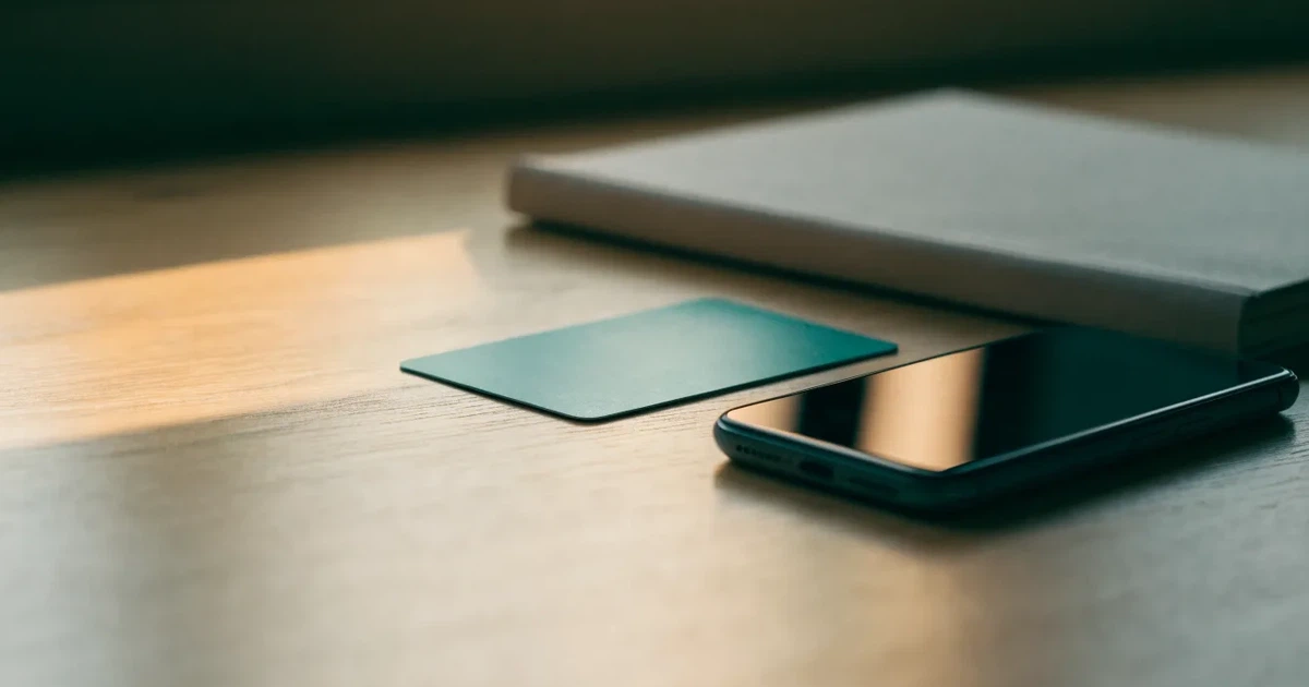 Eine Plastikkarte ohne Aufdruck liegt auf einem Holztisch neben einem Smartphone mit dunklem Bildschirm und einem Notizbuch.