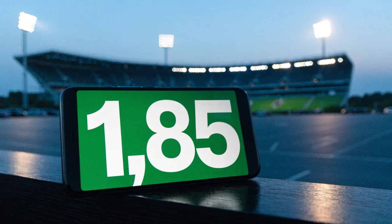 Ein Stadion unter Flutlicht aus der Ferne gesehen, davor ein leerer Parkplatz in der Dämmerung.