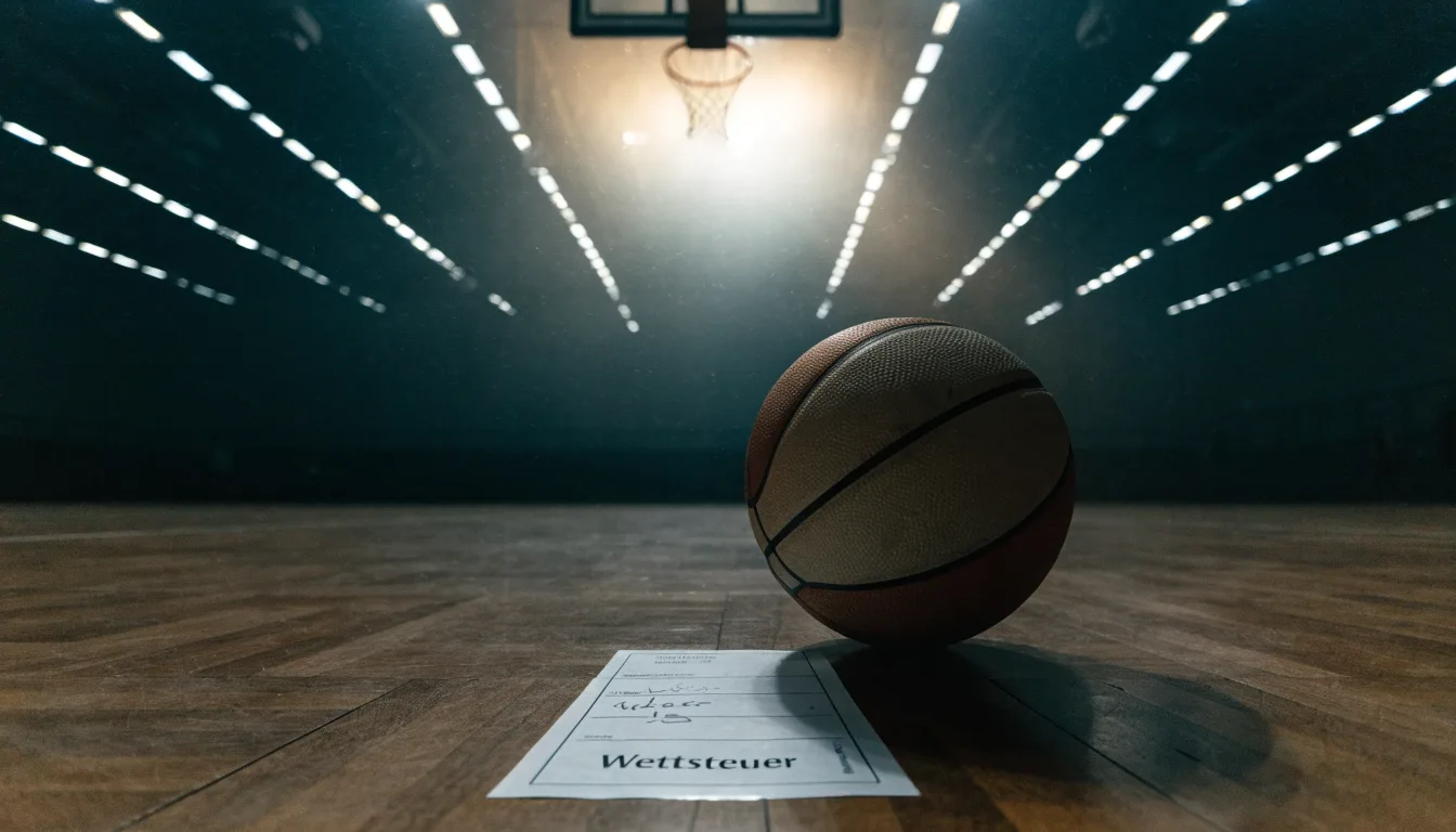 Ein Basketballfeld in einer leeren Halle, das Parkett spiegelt das Deckenlicht.