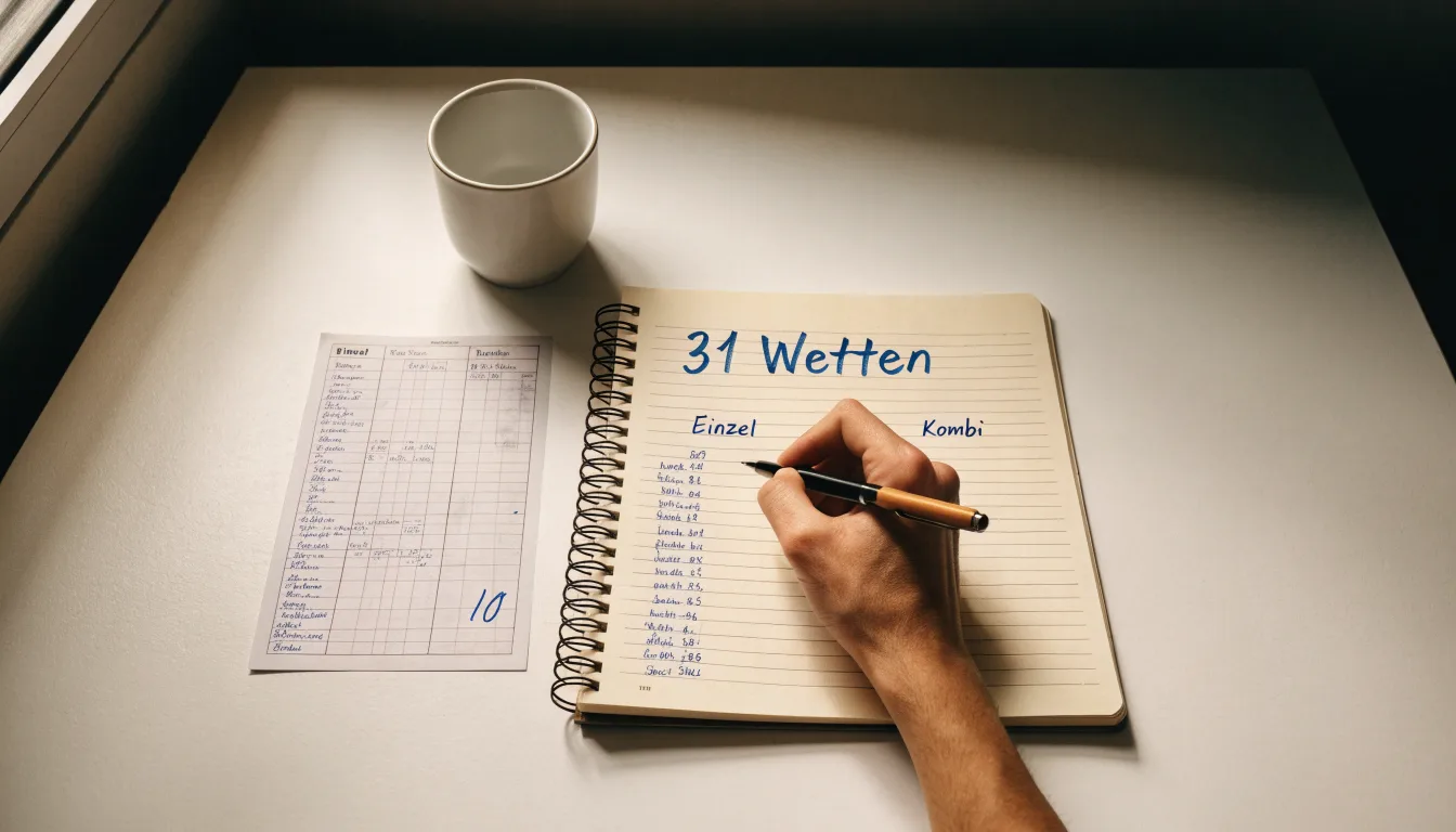 Ein Taschenrechner und ein Notizbuch mit handschriftlichen Zahlenreihen auf einem Schreibtisch neben einem Kugelschreiber.