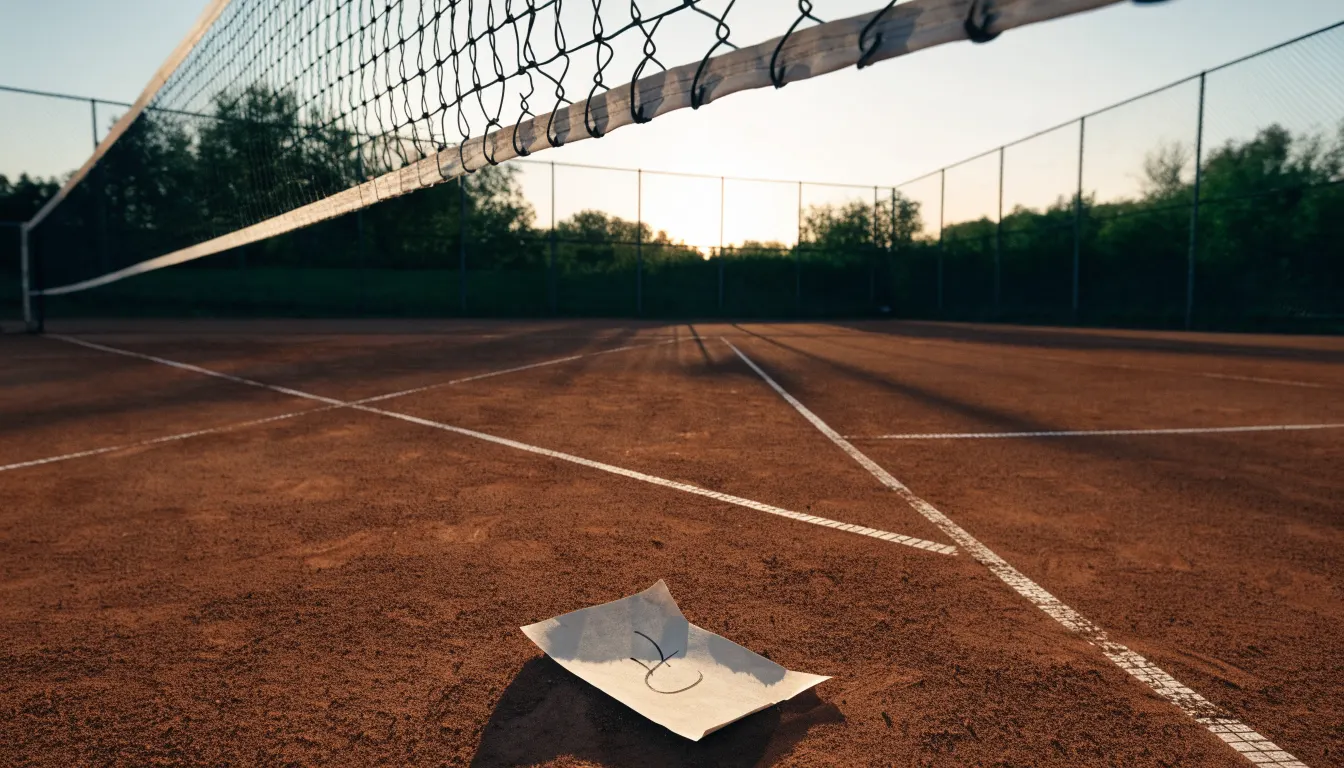 Ein Tennisplatz bei Sonnenaufgang, Netz und Linien im Streiflicht, ohne Menschen.