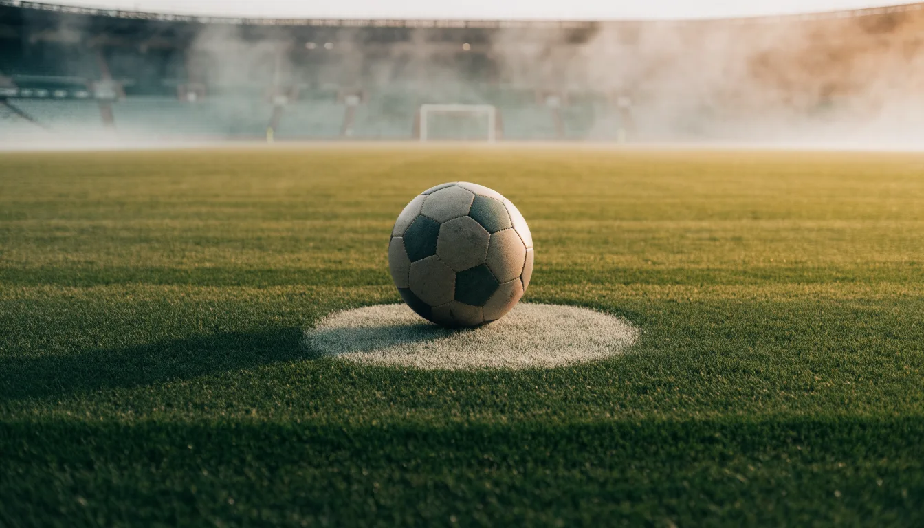 Ein Fußball liegt auf dem Anstoßpunkt eines leeren Rasenplatzes, im Hintergrund hängt Morgendunst über den Tribünen.