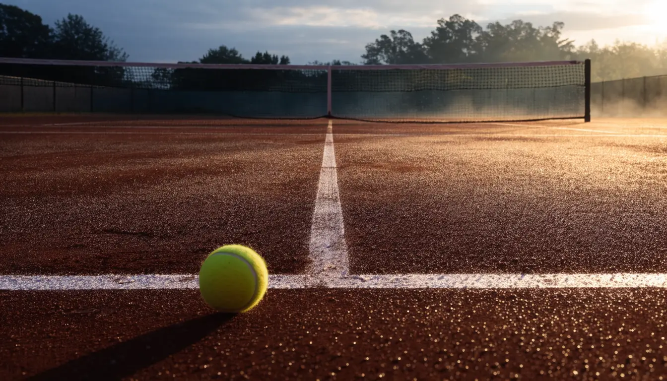 Ein Tennisplatz bei Sonnenaufgang, die Linien noch taufeucht, ein einzelner Ball liegt an der Grundlinie.