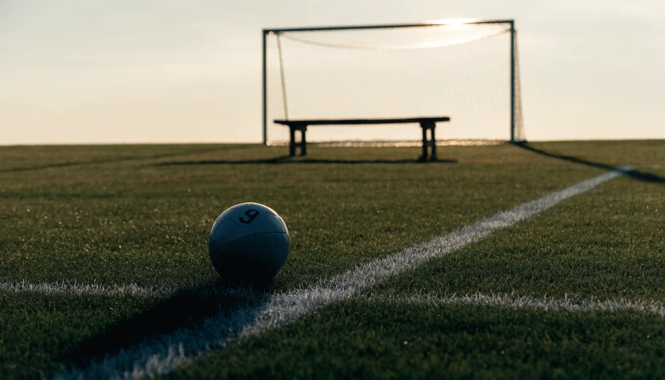 Ein Fußball liegt im Gras am Spielfeldrand, dahinter eine leere Bank und ein Tor im Gegenlicht.