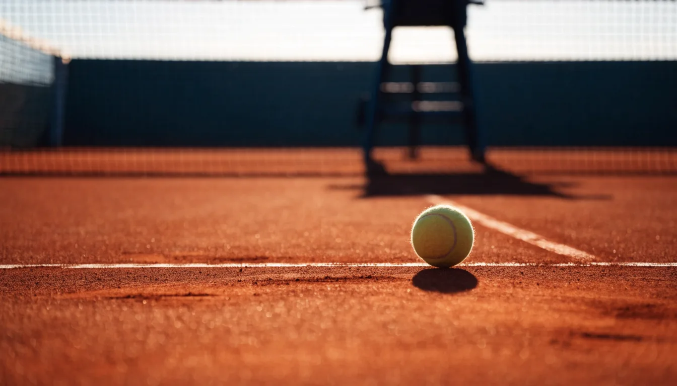Ein Tennisball liegt auf einem roten Sandplatz bei Sonnenaufgang, im Hintergrund ein leerer Schiedsrichterstuhl.