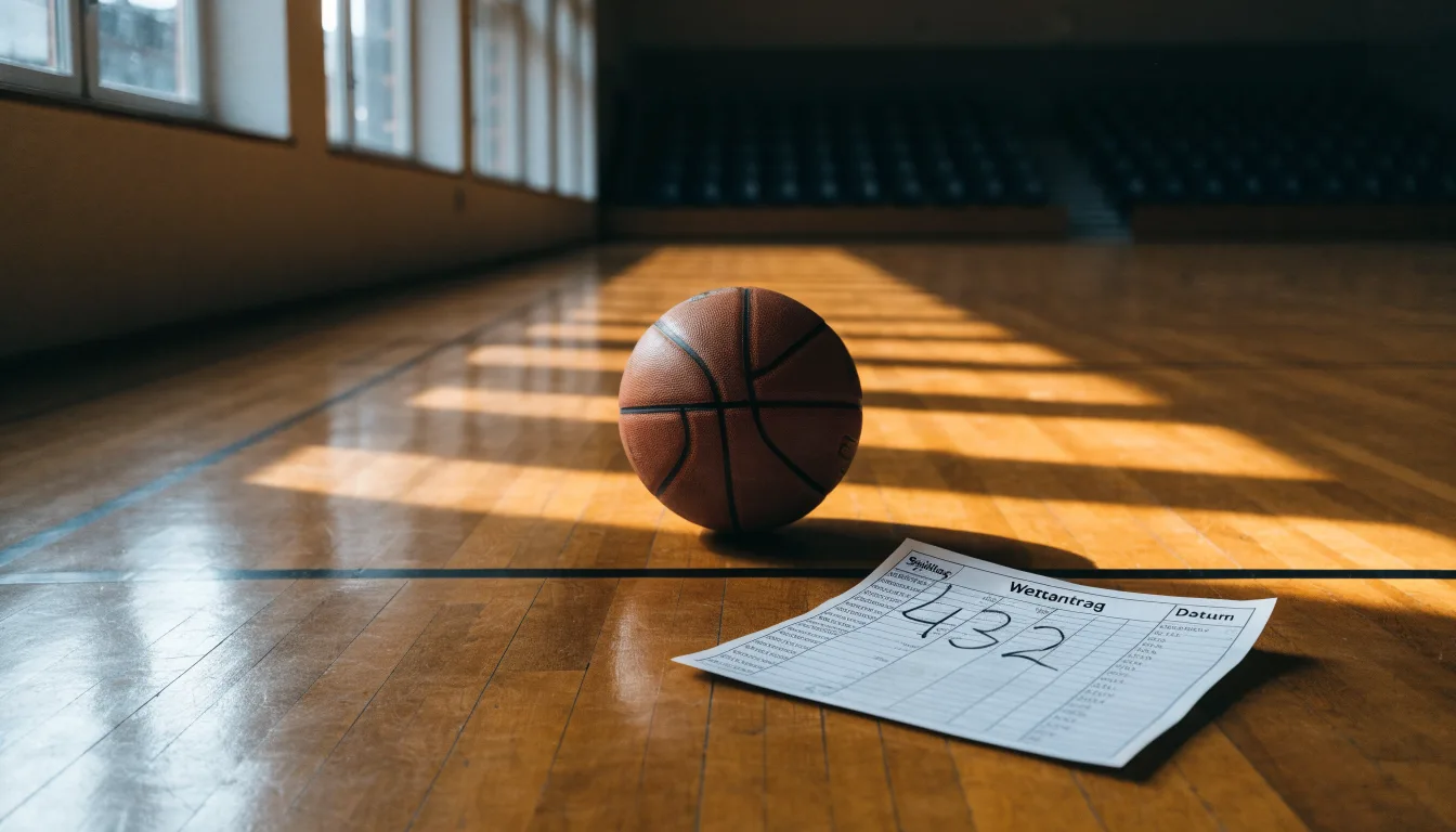 Ein Basketball liegt auf dem Parkett einer leeren Halle, Licht fällt durch hohe Fenster.
