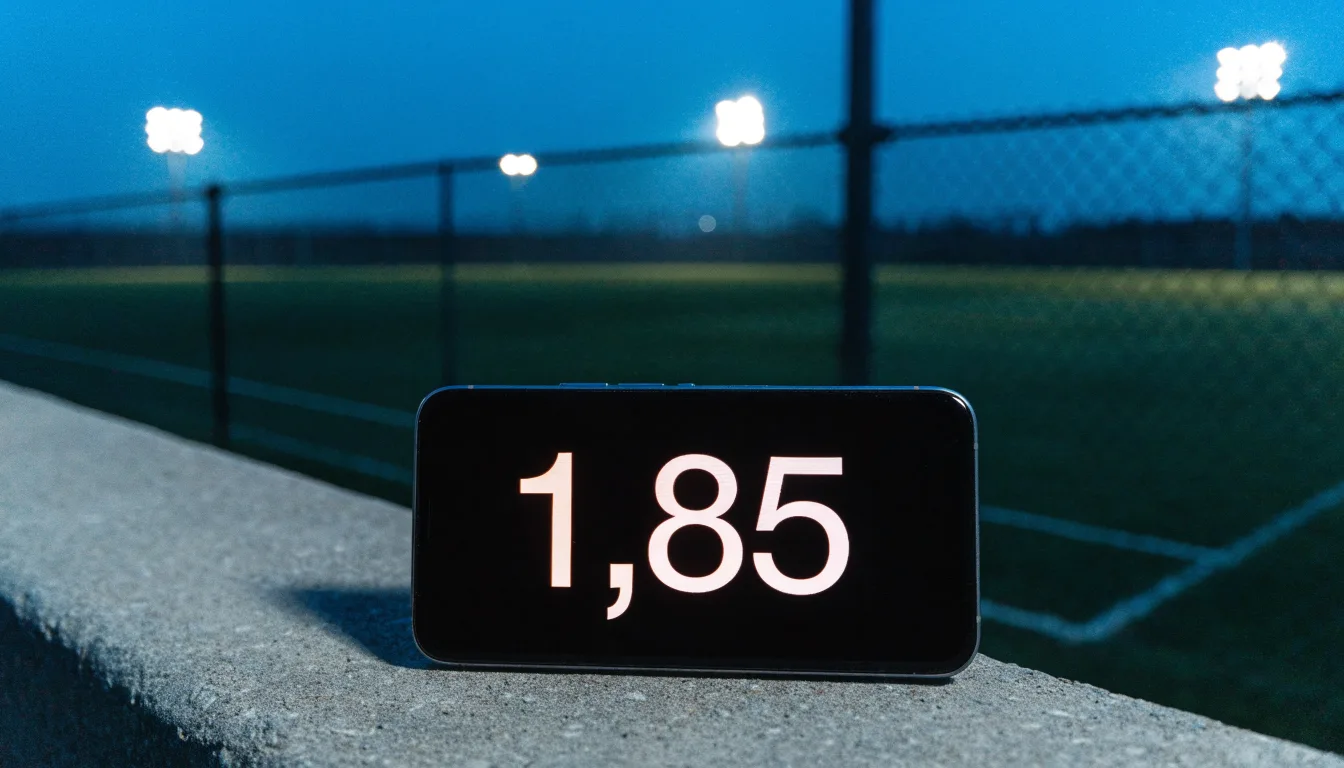 Eine Flutlichtanlage über einem leeren Sportplatz am Abend, im Vordergrund ein Maschendrahtzaun.