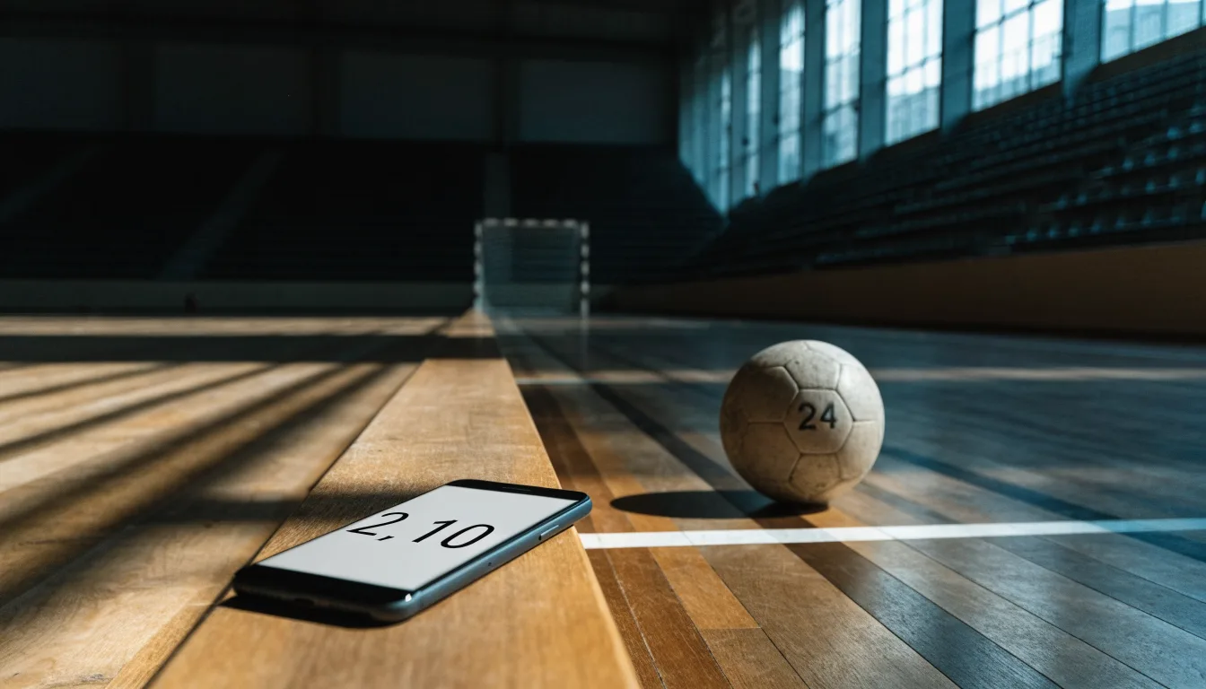 Ein Handball liegt in einer leeren Halle auf dem Boden vor dem Tor.