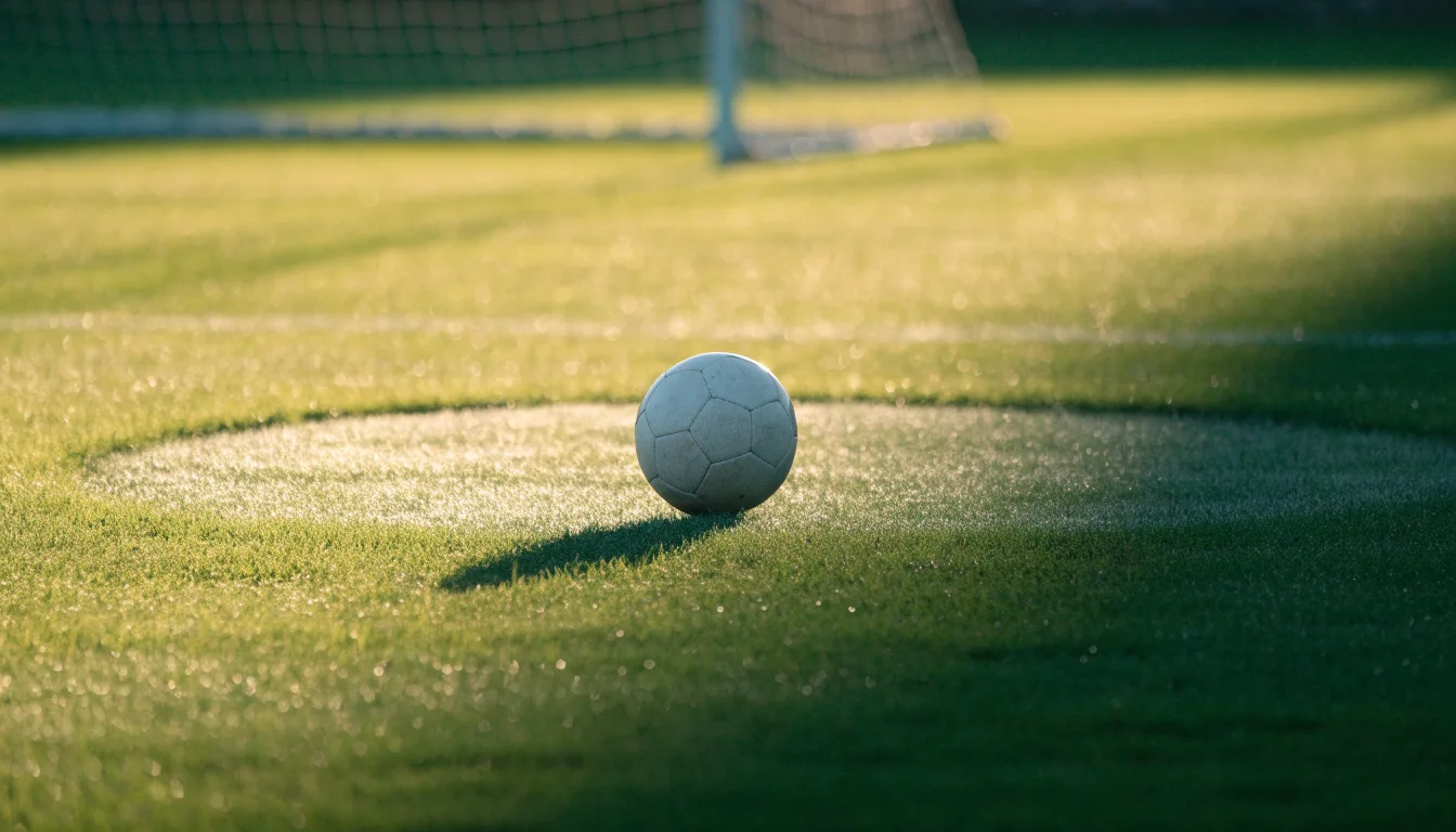 Ein Fußball liegt auf dem Anstoßkreis eines leeren Rasenplatzes im frühen Morgenlicht.