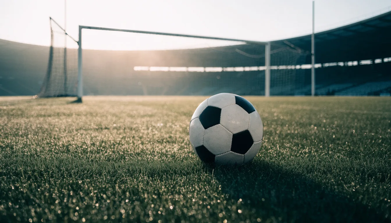 Ein Fußball auf dem Rasen vor einem leeren Tor im frühen Morgenlicht.