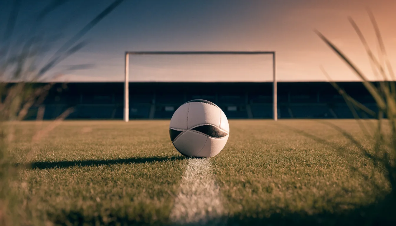 Ein Fußball liegt in der Mitte eines leeren Rasenplatzes, am Horizont färbt sich der Himmel orange.