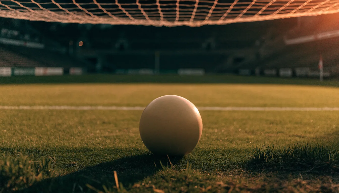 Ein Fußball liegt im Strafraum eines leeren Platzes, dahinter die Netze des Tores im Abendlicht.