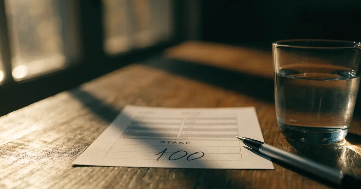 Ein leerer Papier-Wettschein liegt zusammen mit einem Kugelschreiber auf einem Tisch, daneben ein Glas Wasser.
