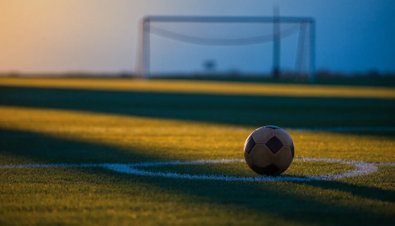Ein Fußball liegt auf dem Elfmeterpunkt eines leeren Platzes im Abendlicht.