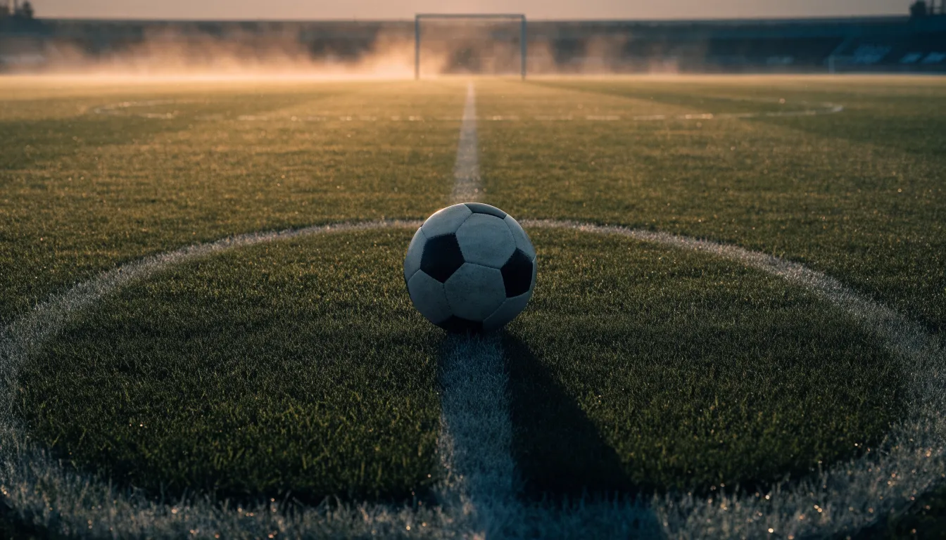 Ein Fußball auf dem Mittelkreis eines leeren Rasenplatzes im frühen Morgenlicht.
