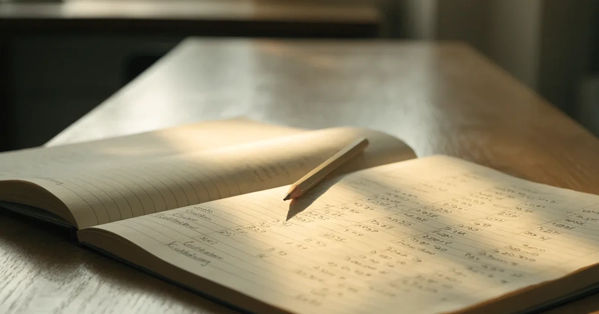 Ein Notizbuch mit handschriftlichen Zahlenreihen und Kästchen liegt neben einem Taschenrechner und einem Bleistift auf einem Schreibtisch.