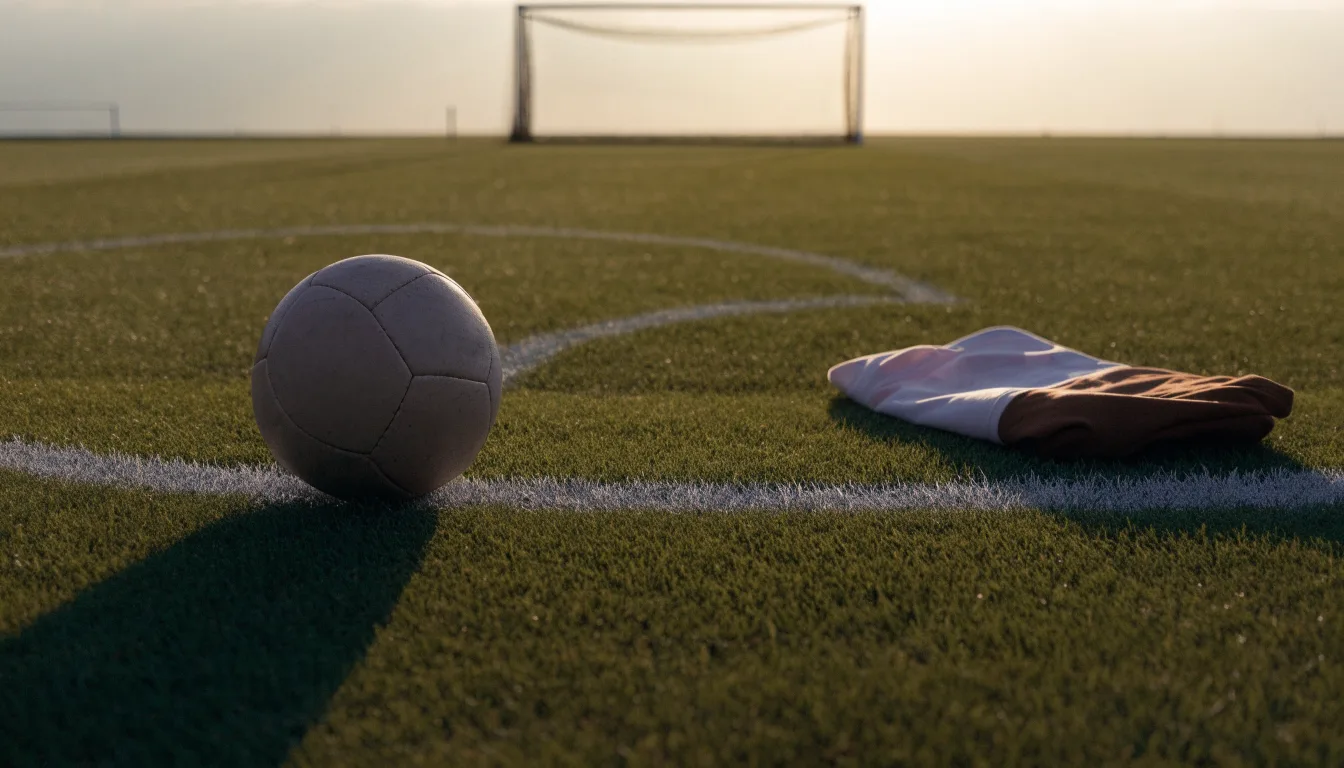Ein Fußball liegt am Rand des Mittelkreises auf einem leeren Rasenplatz bei Sonnenaufgang.
