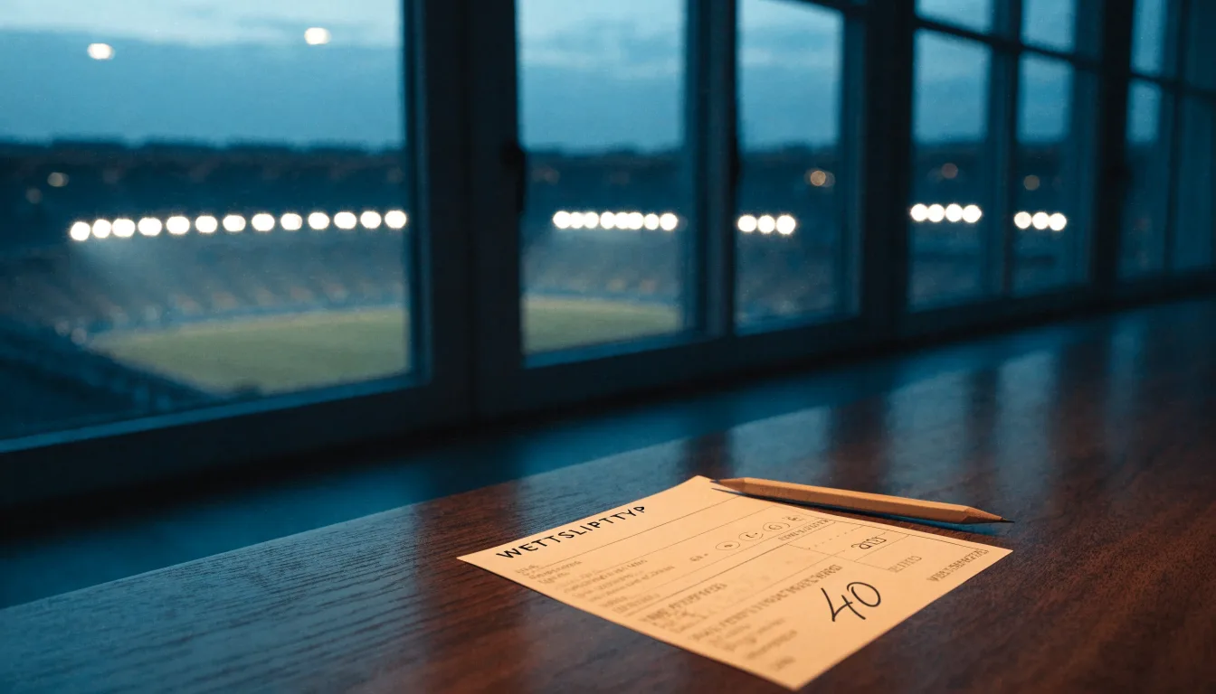 Ein Stadion unter Flutlicht aus großer Entfernung, davor ein dunkler Acker im Abendlicht.