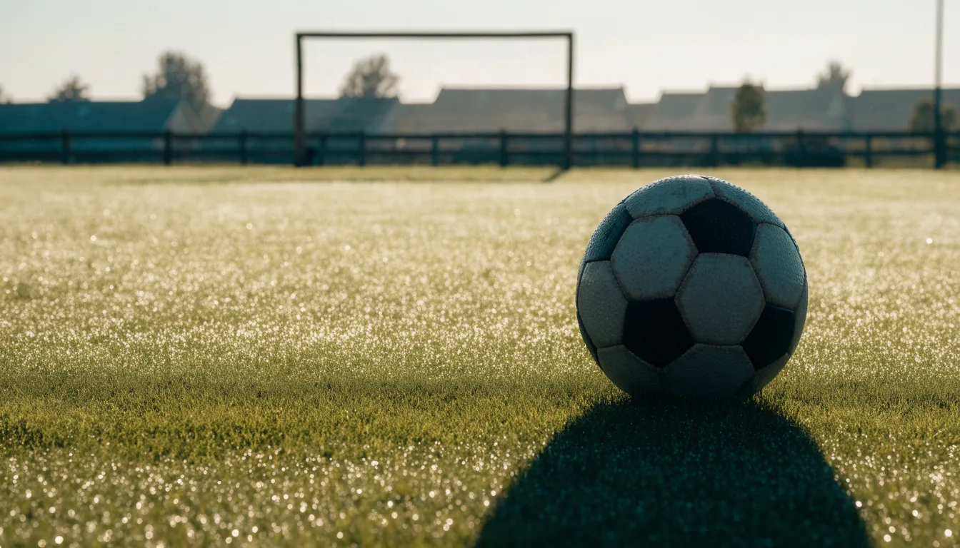 Ein Fußball auf dem Rasen eines leeren Sportplatzes am Rand einer Kleinstadt im Morgenlicht.