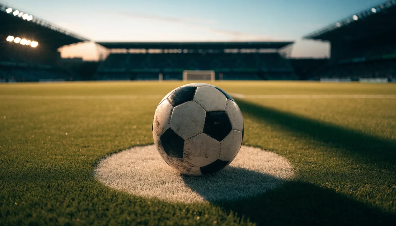 Ein Fußball liegt auf dem Anstoßpunkt eines leeren Rasenplatzes, im Hintergrund ein Stadion unter Flutlicht in der Abenddämmerung.