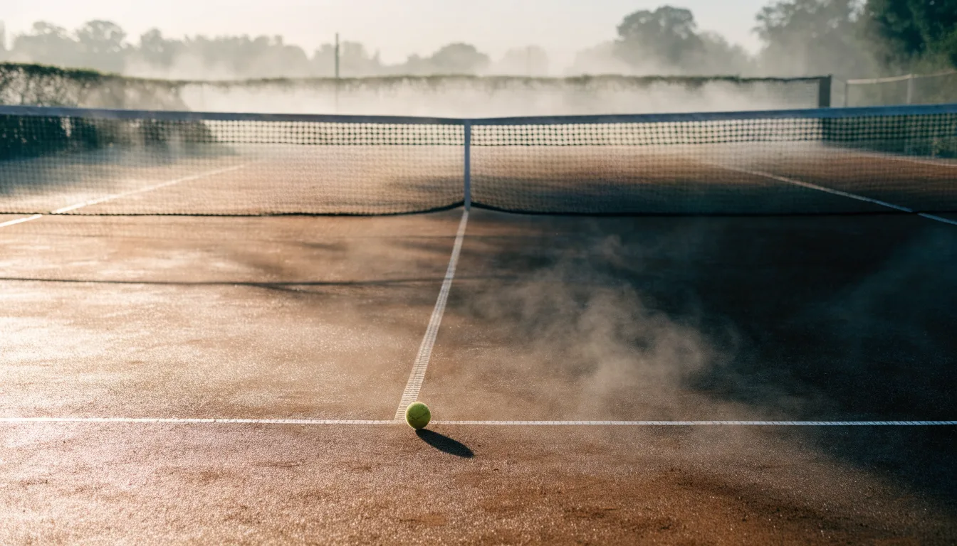 Ein Tennisplatz im Morgengrauen, das Netz und die Linien liegen im Tau, im Hintergrund leichter Nebel und kein Mensch zu sehen.
