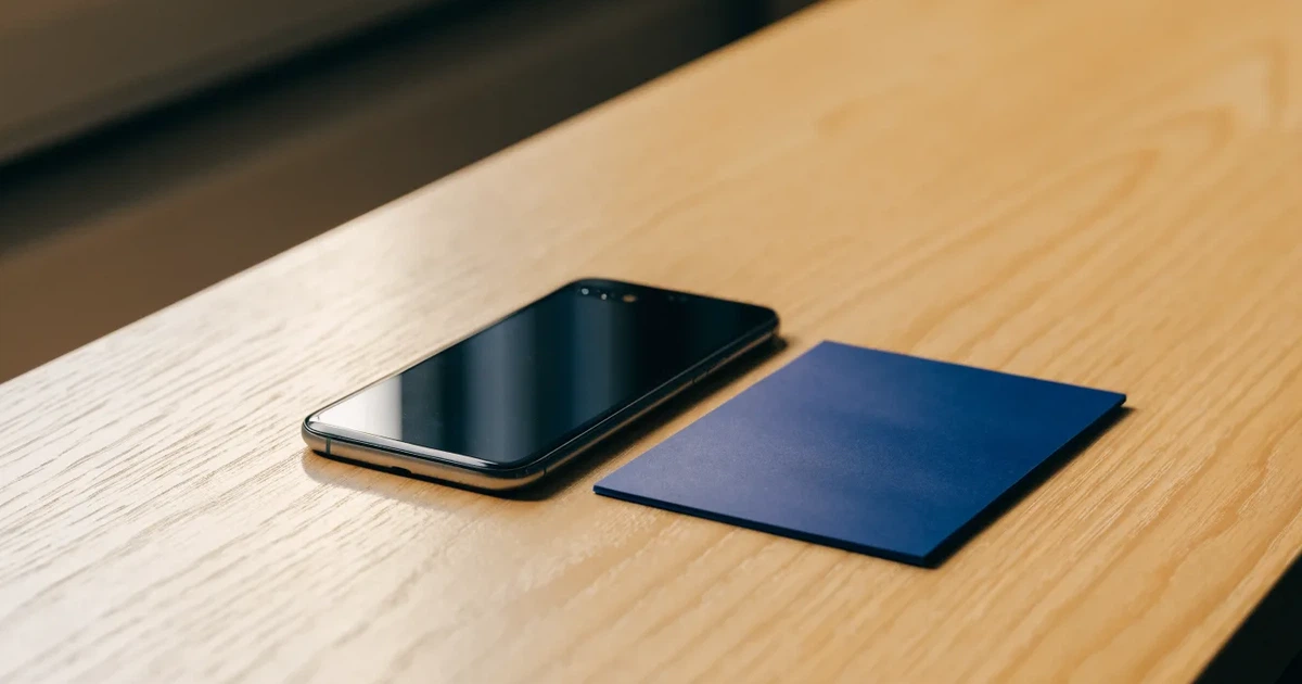 Ein Smartphone mit dunklem Display liegt neben einer schlichten Plastikkarte ohne Aufdruck auf einem hellen Schreibtisch.