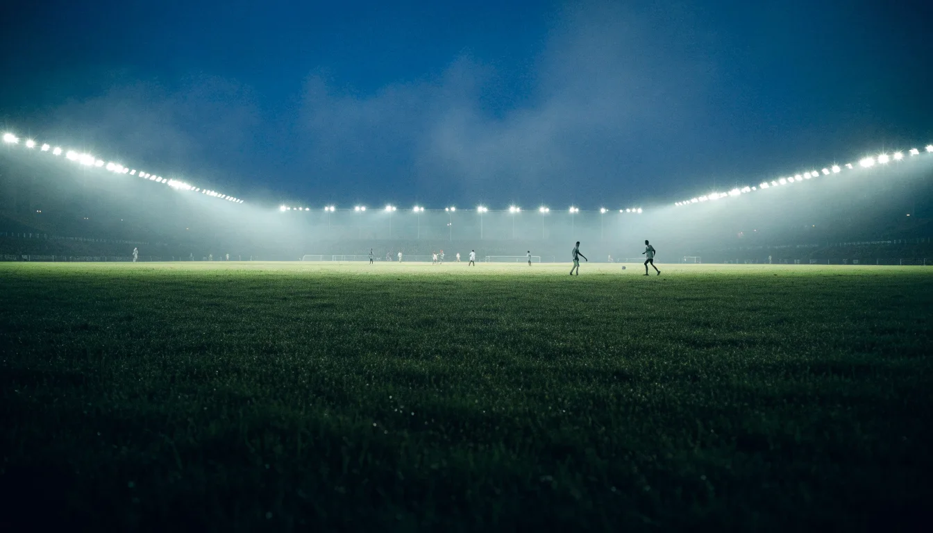 Ein Stadion unter Flutlicht, aus großer Entfernung über eine dunkle Wiese fotografiert, am Himmel zieht Nebel auf.
