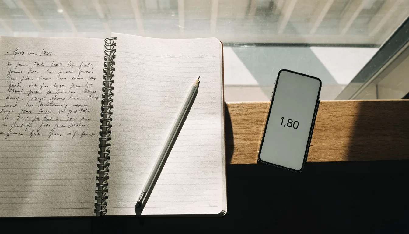 Ein Notizbuch mit handschriftlichen Notizen und ein Bleistift liegen auf einem Schreibtisch am Fenster, draußen fällt Morgenlicht herein.